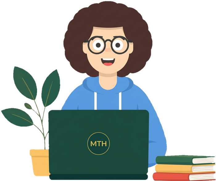 StudyBuddy, The 11+ Hub's learning companion, sitting at a desk with a laptop and books